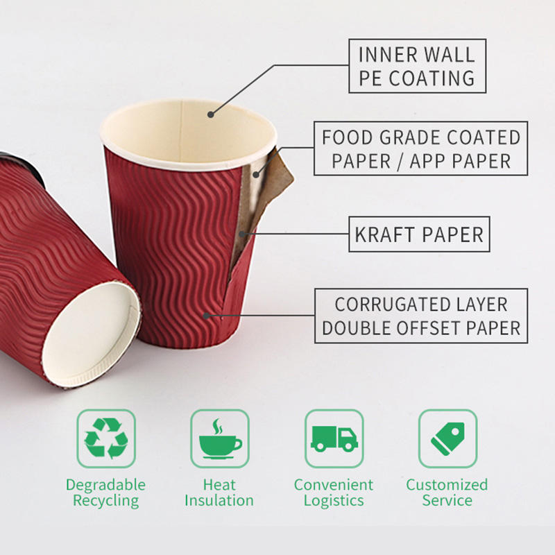 Insulated Rippled Double Wall Paper Hot Coffee Cups With Lids