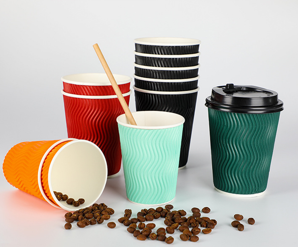 Insulated Rippled Double Wall Paper Hot Coffee Cups With Lids